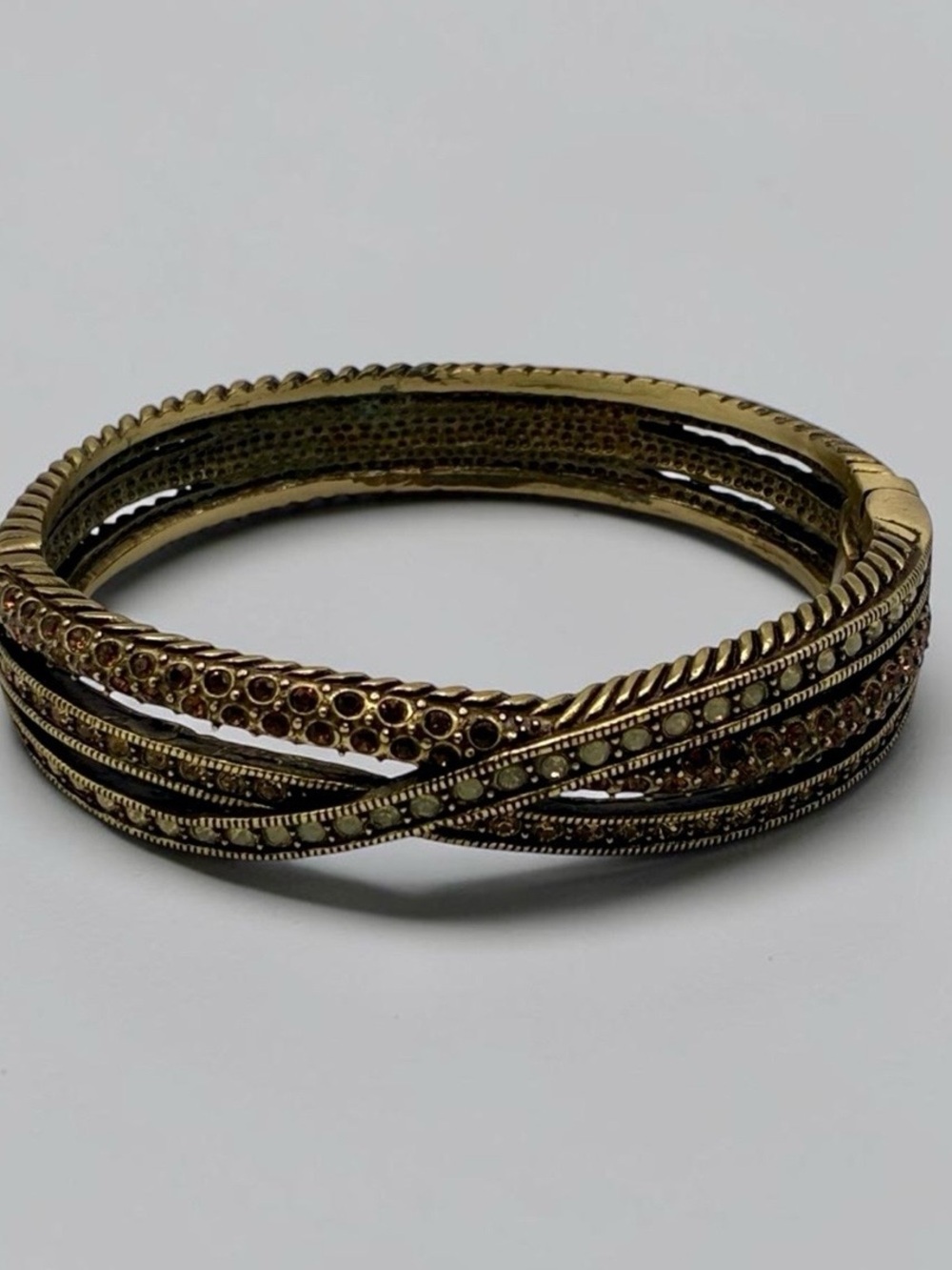 Heidi Daus Antiqued Brass-Tone Crystal Hinged Bangle Bracelet